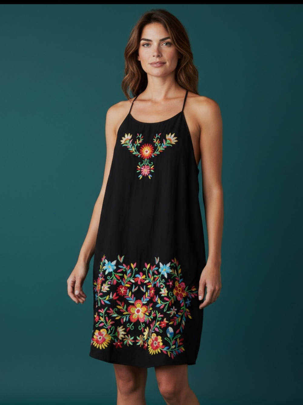 Savanna Jane Black Sleeveless Mini Dress with Multicolor Floral Embroidery